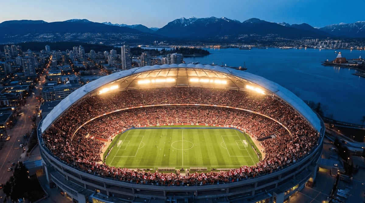 FIFA World Cup 2026 Canada — BC Place stadium with Vancouver mountains at dusk