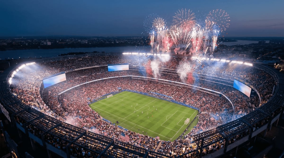 FIFA World Cup 2026 USA — packed soccer stadium with American flags and fireworks