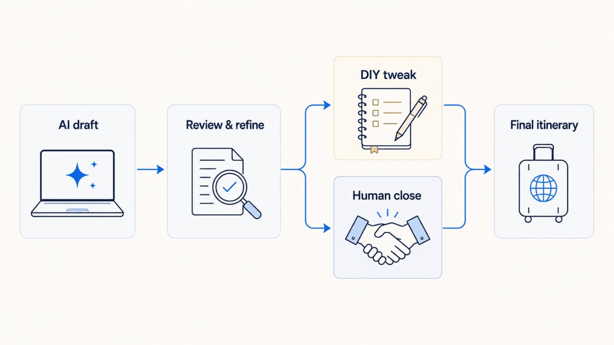 Hybrid trip planning workflow combining AI draft and human or DIY refinement 2026
