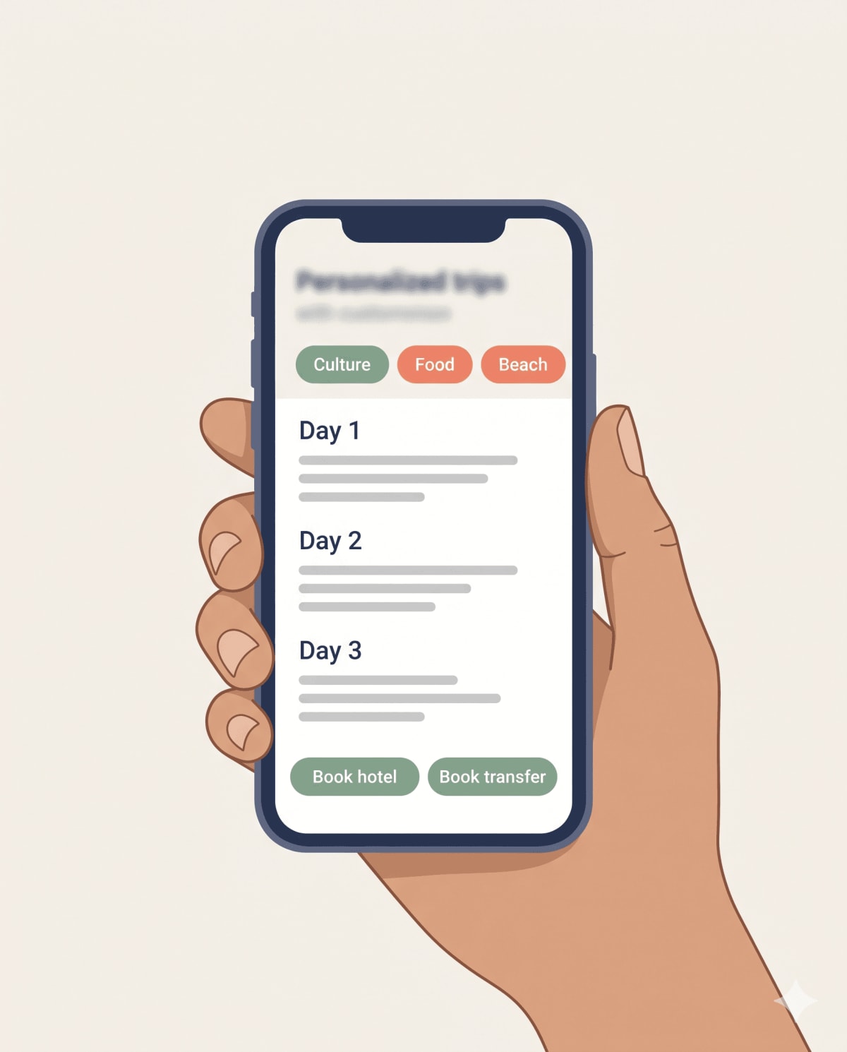 AI travel agent itinerary screen with trip focus tags and day by day plan