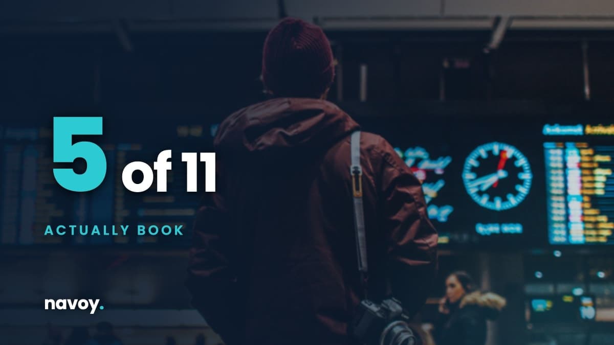 Traveler facing an airport departure board with the stat 5 of 11 AI trip planners that actually complete a booking in 2026