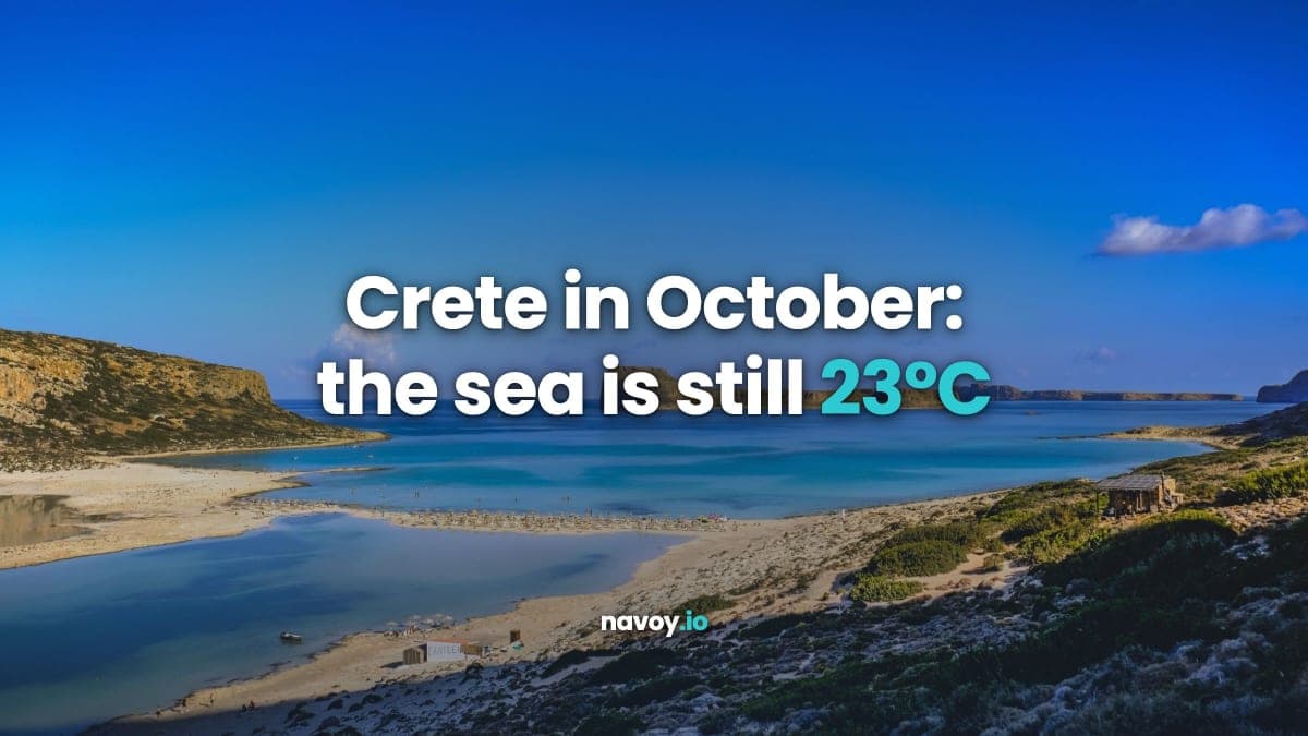 Balos Lagoon in Crete with turquoise water under a clear sky, with the line Crete in October: the sea is still 23°C