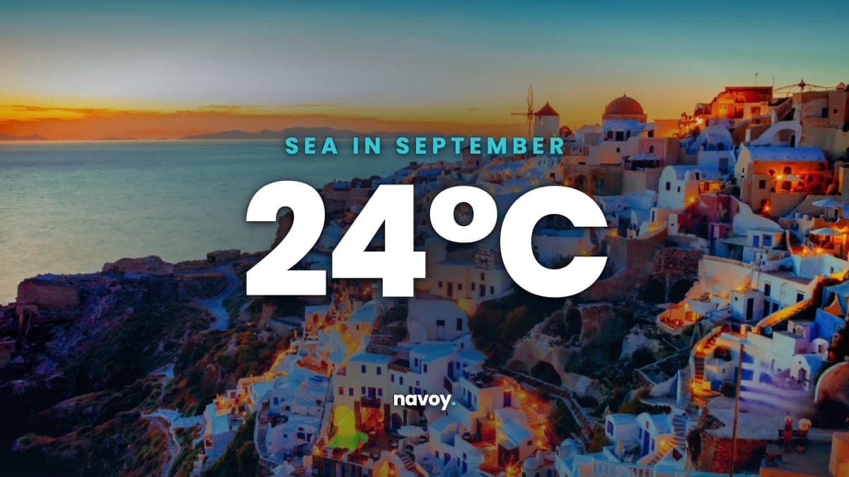 Santorini caldera at dusk with the September sea temperature of 24 degrees Celsius highlighted