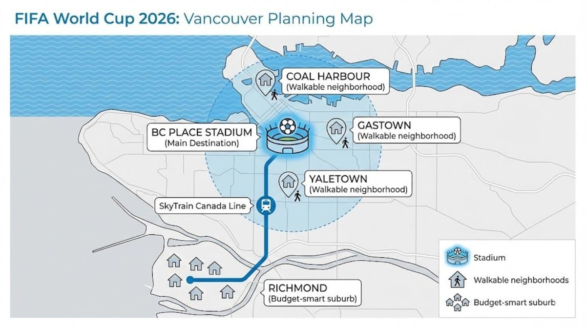 BC Place sits in downtown Vancouver — one of the few World Cup stadiums you can walk to from central hotels.