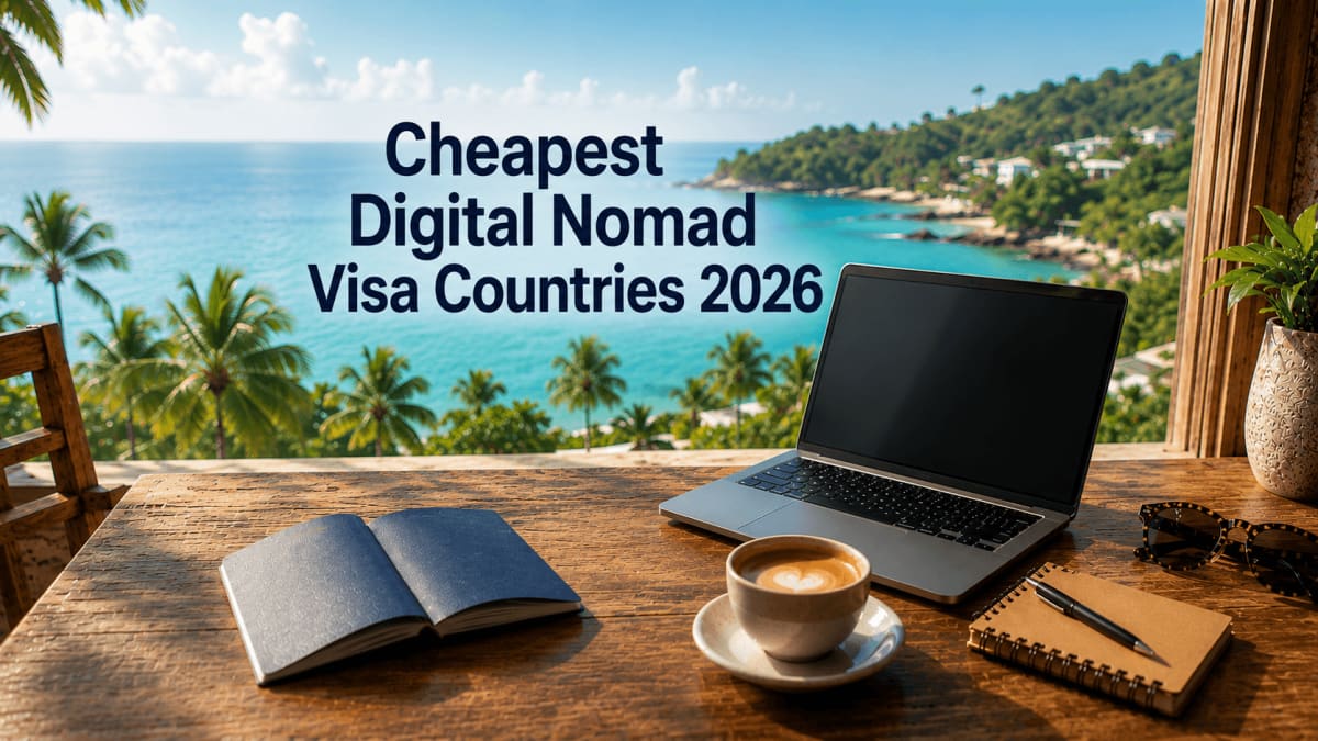 Open passport and laptop on a café table at a coastal nomad destination, 2026