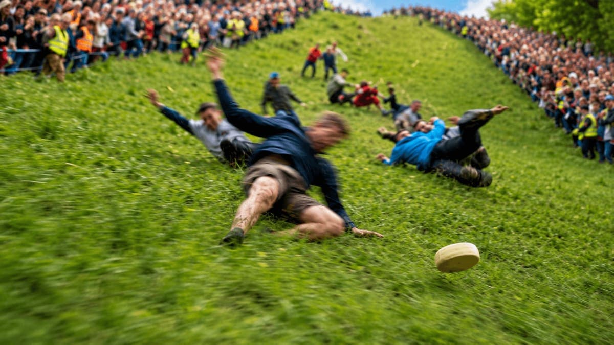 Competitors tumbling down Cooper's Hill chasing the Double Gloucester cheese at the Gloucestershire cheese rolling