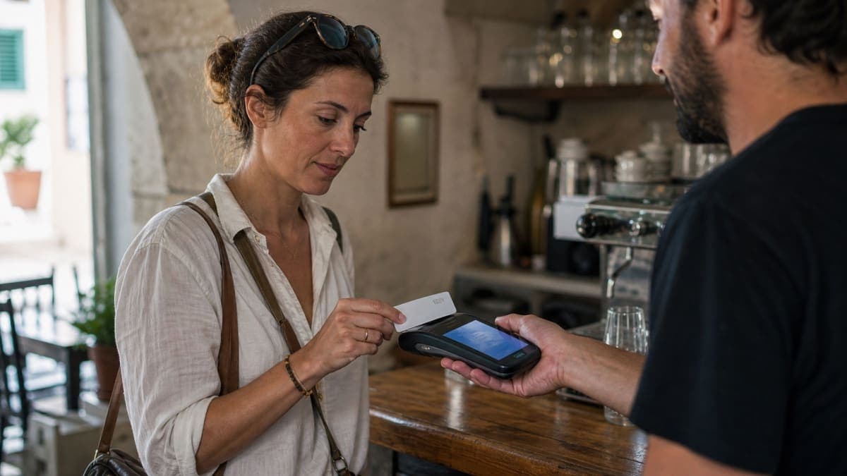 A traveller at a cafe counter abroad pausing to read the handheld card terminal screen before tapping her contactless card