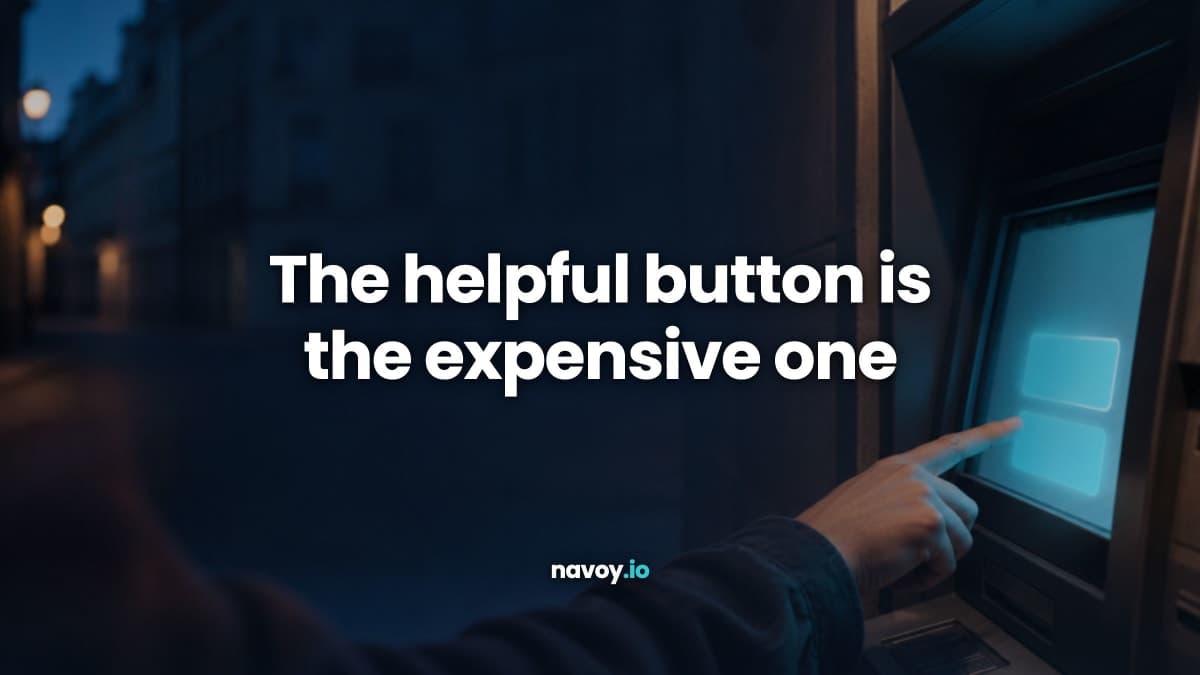 A traveller's finger about to press one of two glowing buttons on a European ATM at dusk, with the line The helpful button is the expensive one