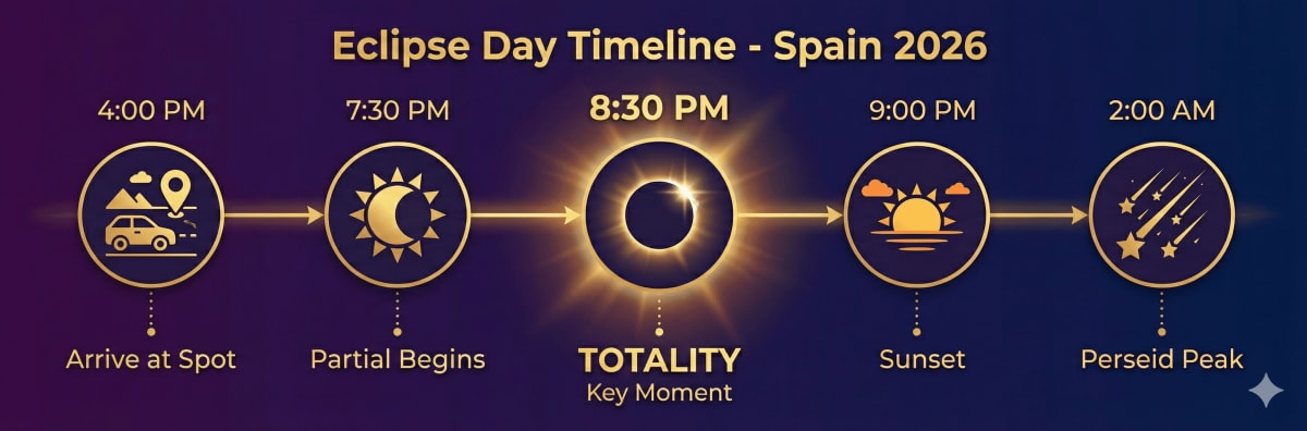 Eclipse Day Timeline for Spain: 4PM arrival, 7:30PM partial begins, 8:30PM totality, 9PM sunset, 2AM Perseid peak