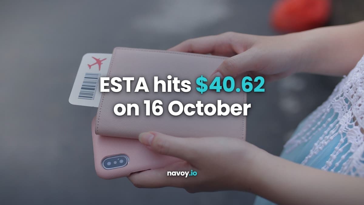 Hands holding a passport with a boarding pass and a phone, with the line ESTA hits $40.62 on 16 October