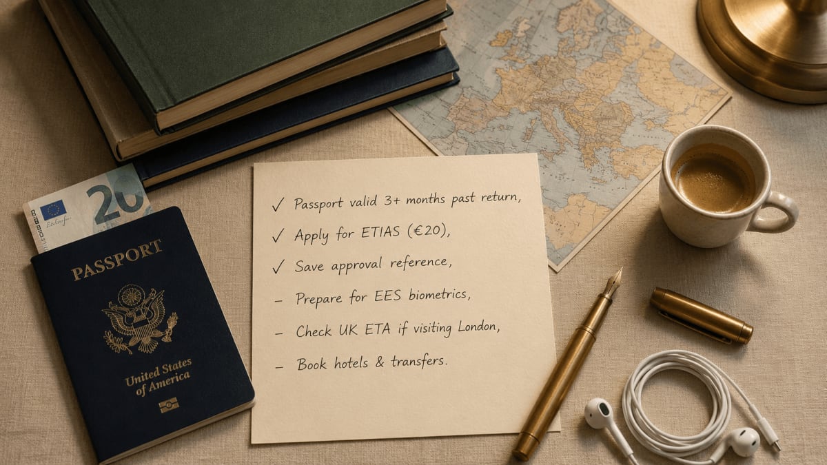 ETIAS pre-trip checklist for US travelers with passport, €20 application fee budget and Europe travel essentials