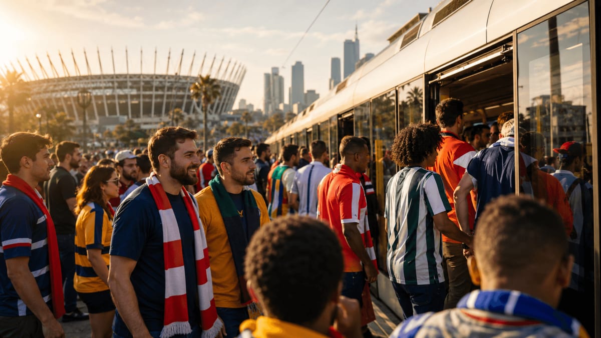 World Cup 2026 fans boarding a match-day transit train with a host-city stadium and skyline behind