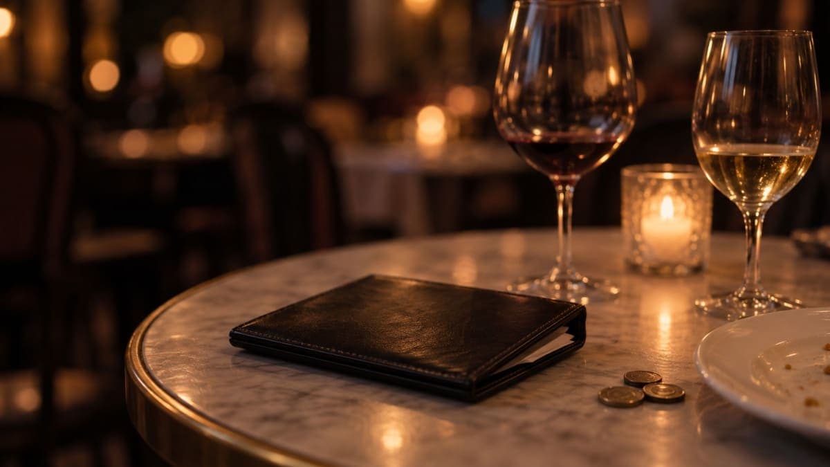 Una mesa afuera de un restaurante europeo por la noche con una carpeta de cuenta y copas, sin letreros legibles