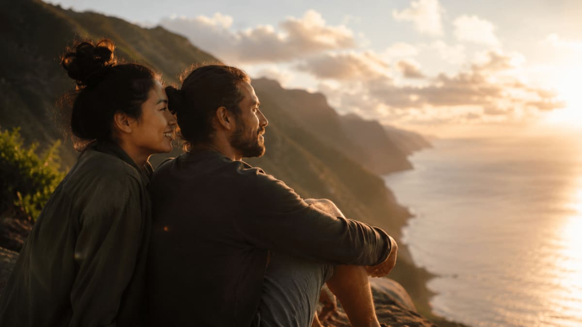 Two travelers watching the sunset from a clifftop viewpoint over the coastline, fully present in the moment