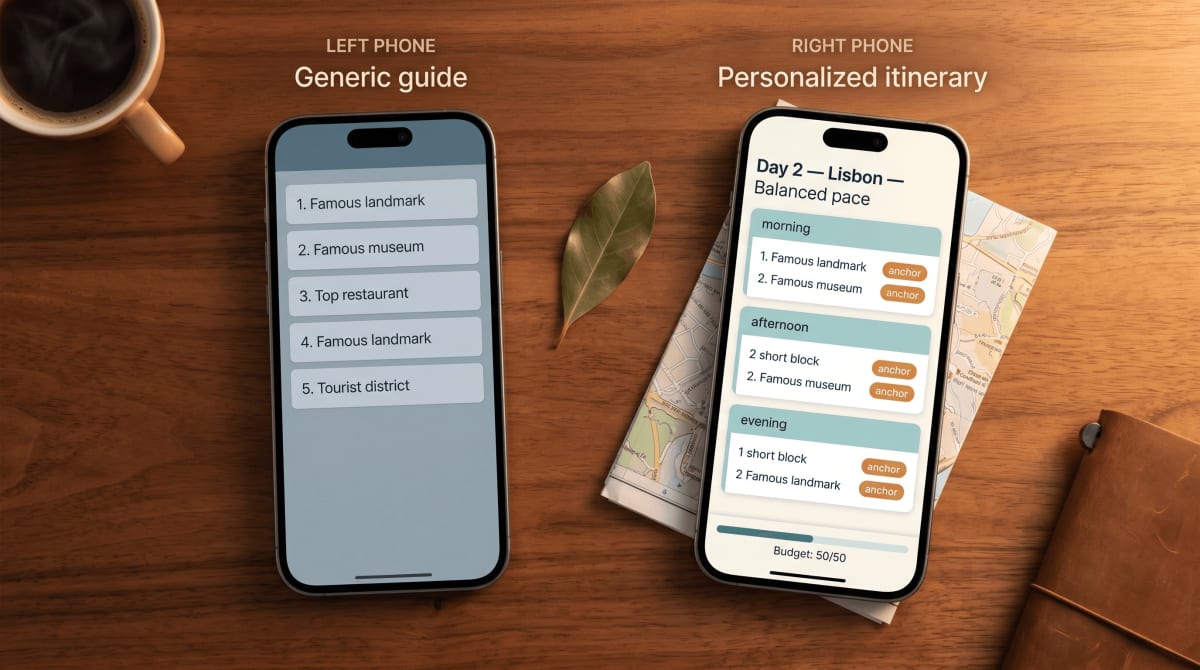 Comparison setup showing generic checklist vs customized day-by-day travel route planning