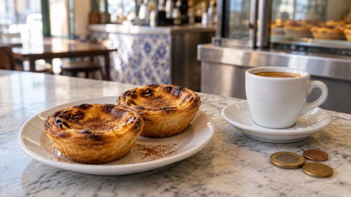 Dos pasteles de nata y un café expreso en el mostrador de mármol de un café en Lisboa