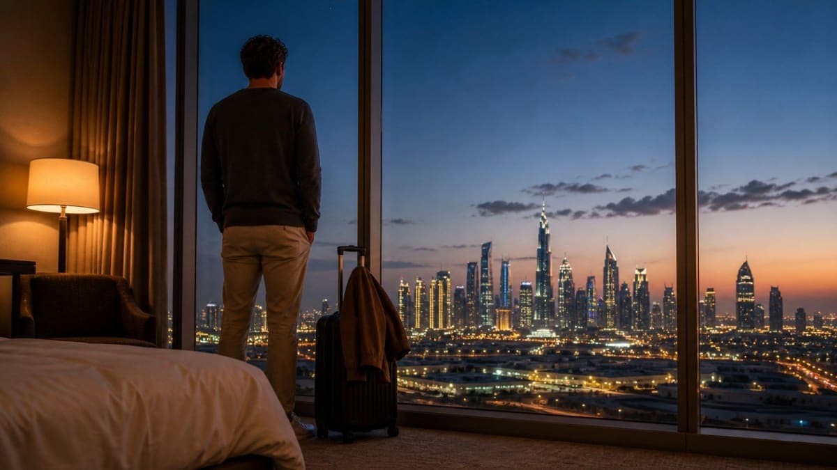 Traveler at a hotel window overlooking the Dubai skyline at dusk during a long layover