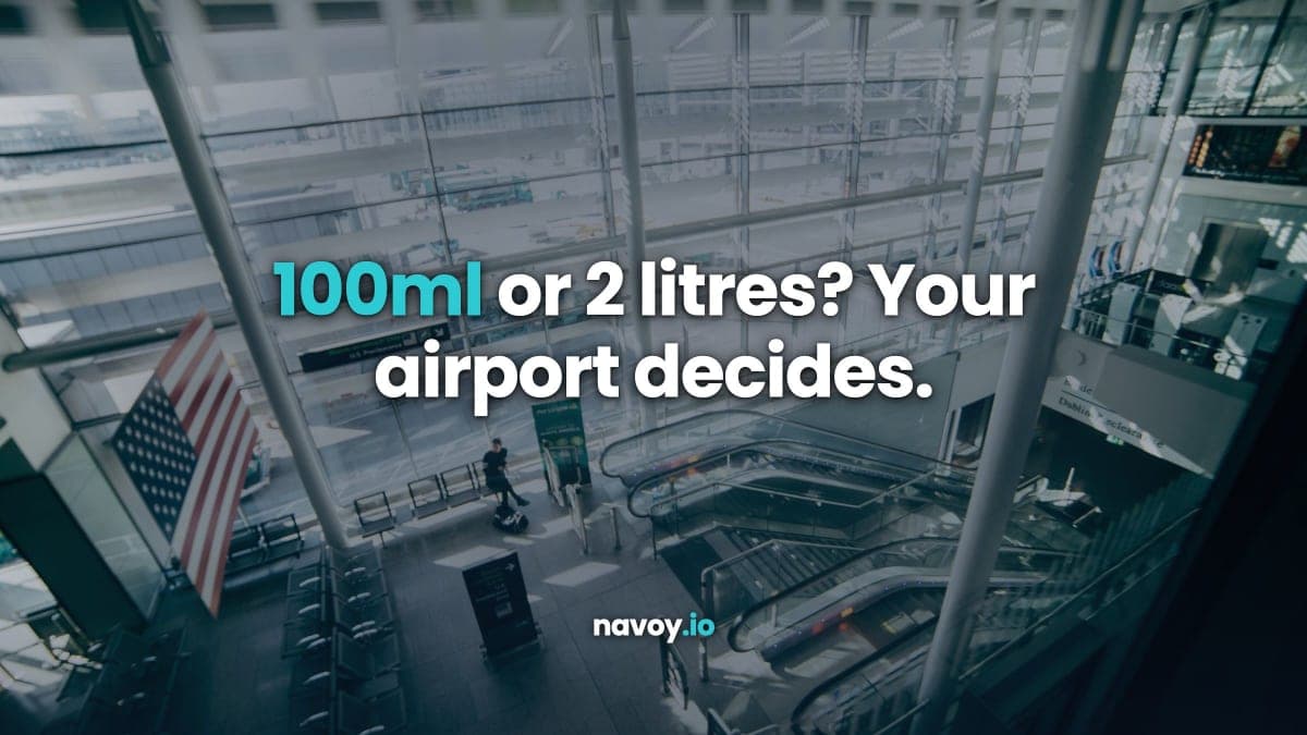 Bright modern airport terminal with escalators and a glass window wall, headlined 100ml or 2 litres? Your airport decides