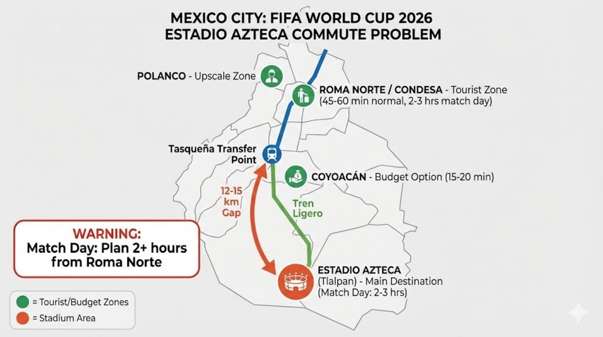 Estadio Azteca sits in the south of Mexico City — plan for a long commute from tourist neighborhoods.