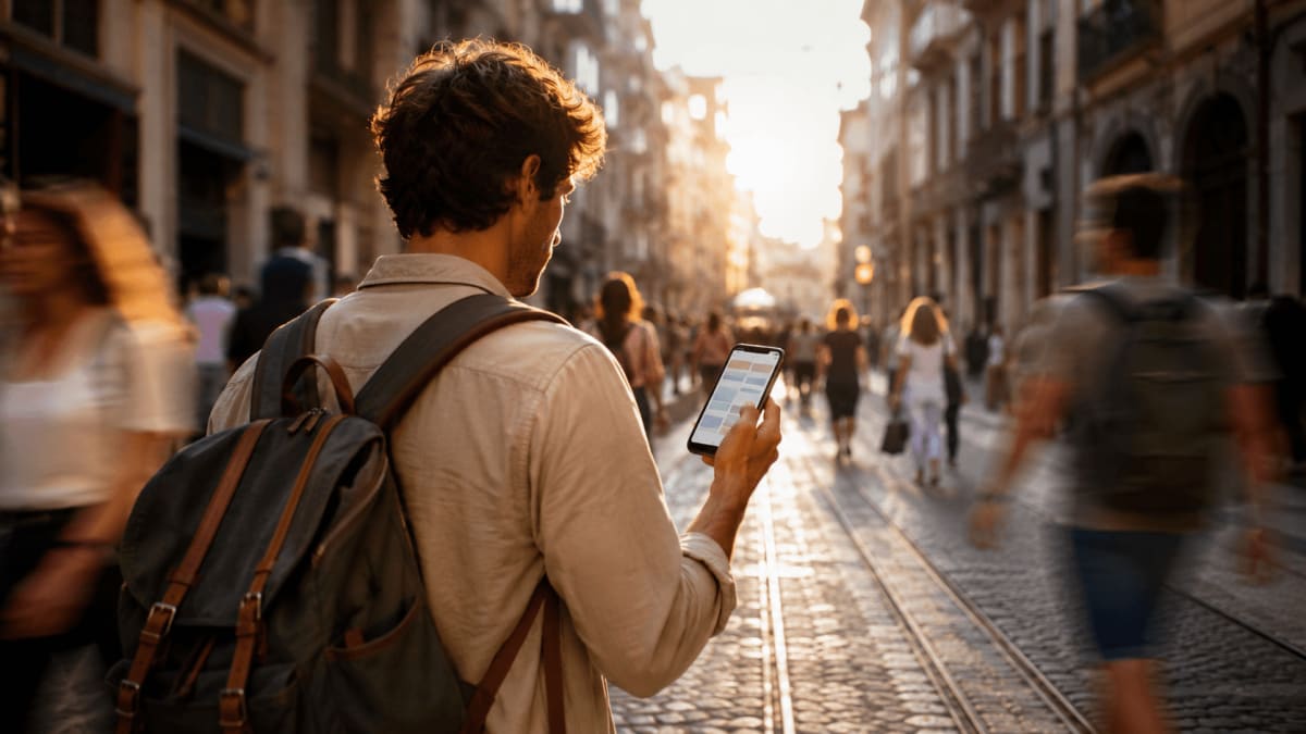 A traveler reviewing an adaptive, personalized itinerary on a phone while on the move