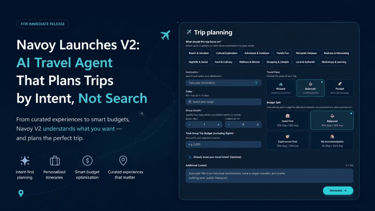 Navoy V2 crea viajes completos a partir de hasta 3 de 12 etiquetas de enfoque, ritmo de viaje y distribución del presupuesto: itinerario, hoteles y traslados en un solo proceso.
