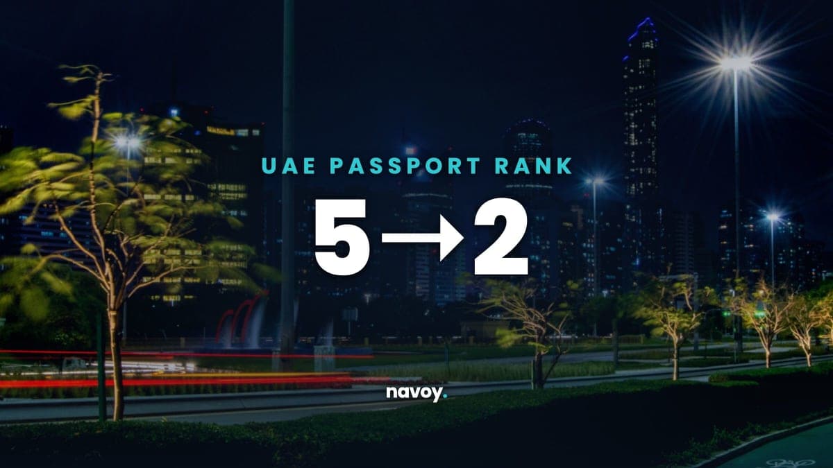 Abu Dhabi skyline at night with the stat UAE passport rank 5 to 2, the biggest climb in the 2026 Henley Passport Index