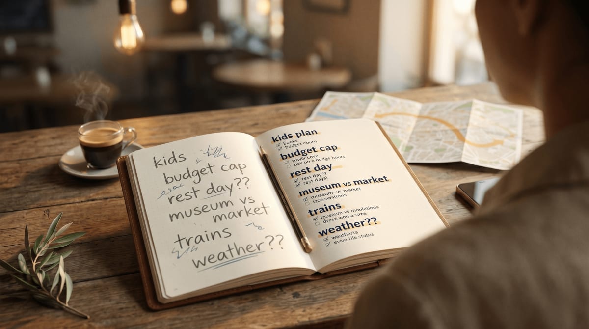 Planner checklist with must-have experiences, constraints, contingency options, and booking priorities