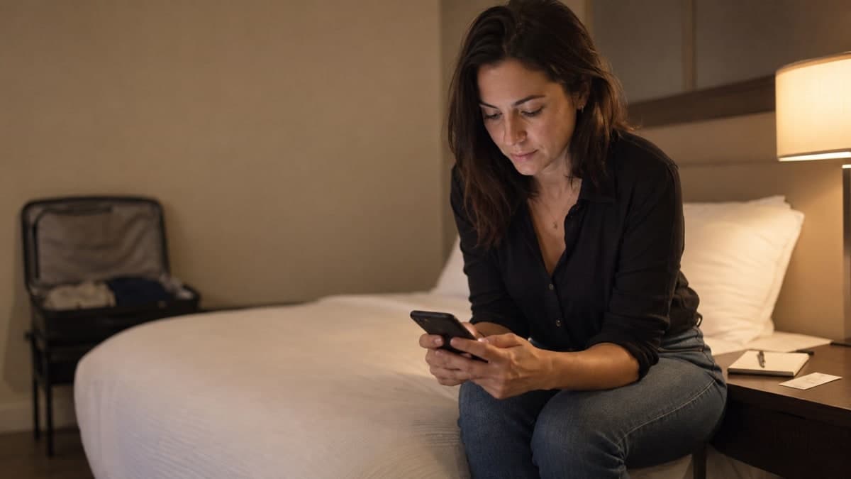 A traveler sitting on a hotel bed checking a booking total on her phone with an open suitcase behind her
