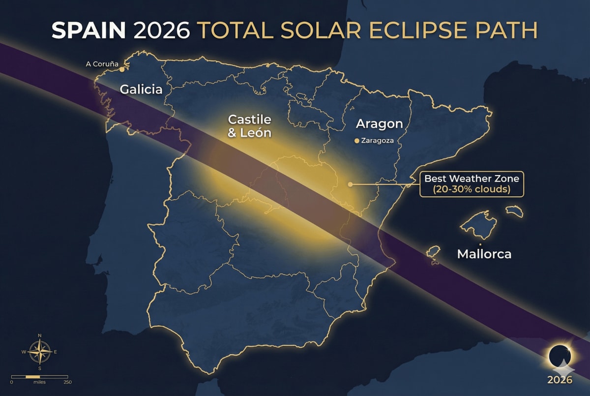 Map of Spain showing the 2026 solar eclipse path of totality crossing from Galicia through Castile and León to Aragon and Mallorca, with Best Weather Zone highlighted