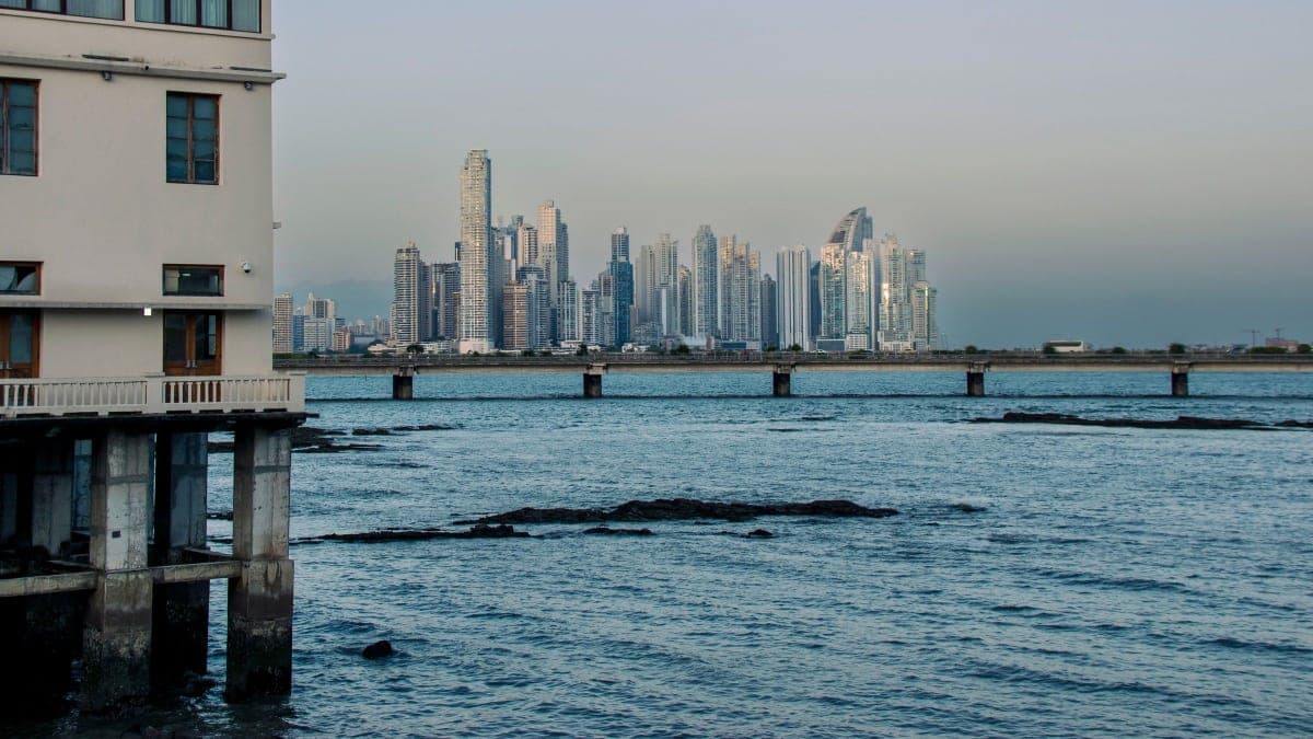 Panama City skyline across the bay, seen from a waterfront building in Casco Viejo