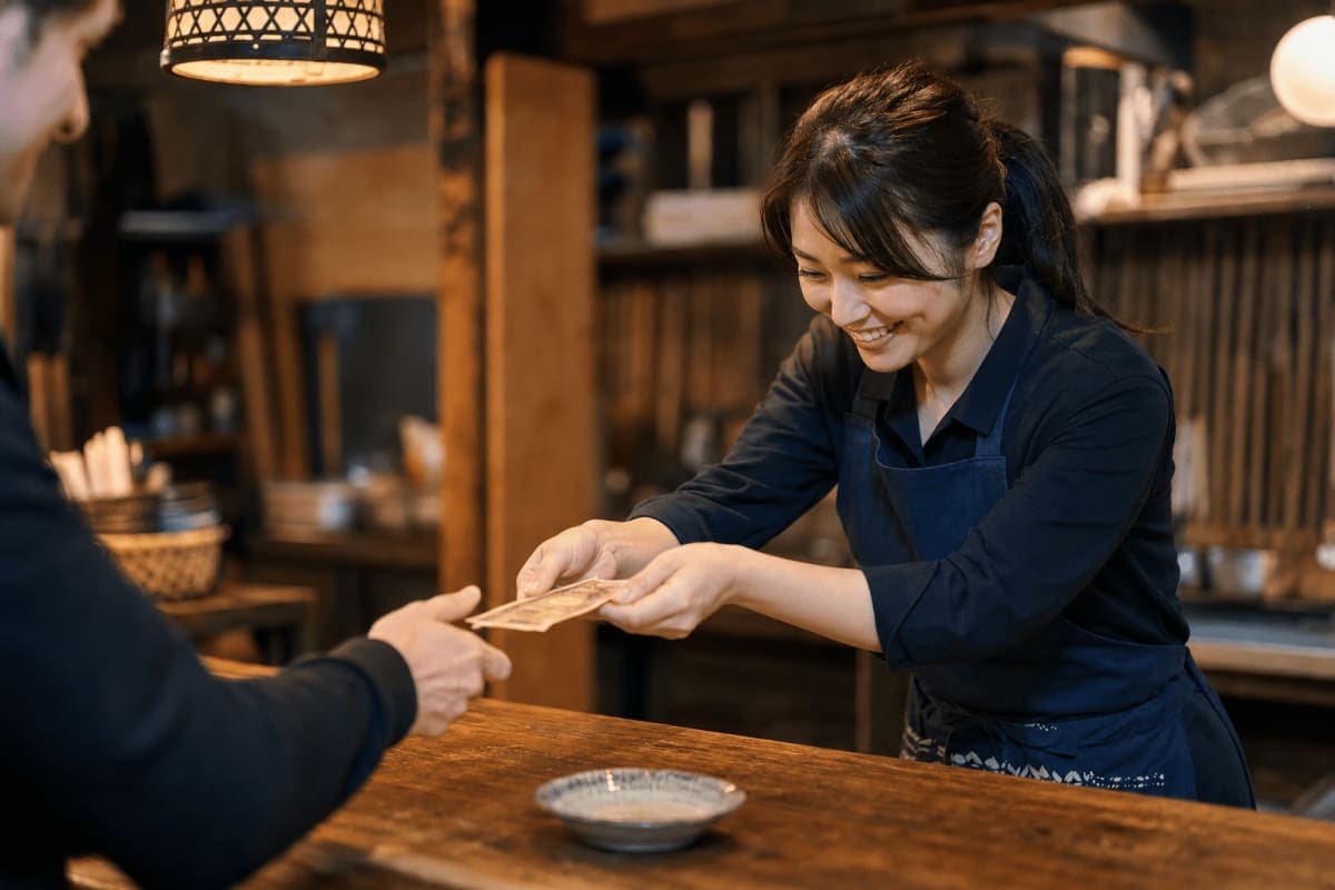 Restaurant staff in a Japanese izakaya politely handing yen banknotes back to a customer with both hands