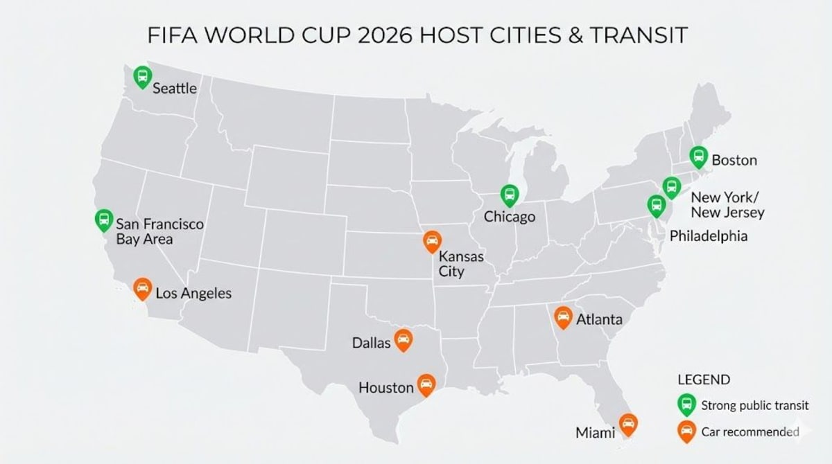 The 11 US host cities span 4 time zones — green markers show transit-friendly cities, orange markers show car-dependent cities.