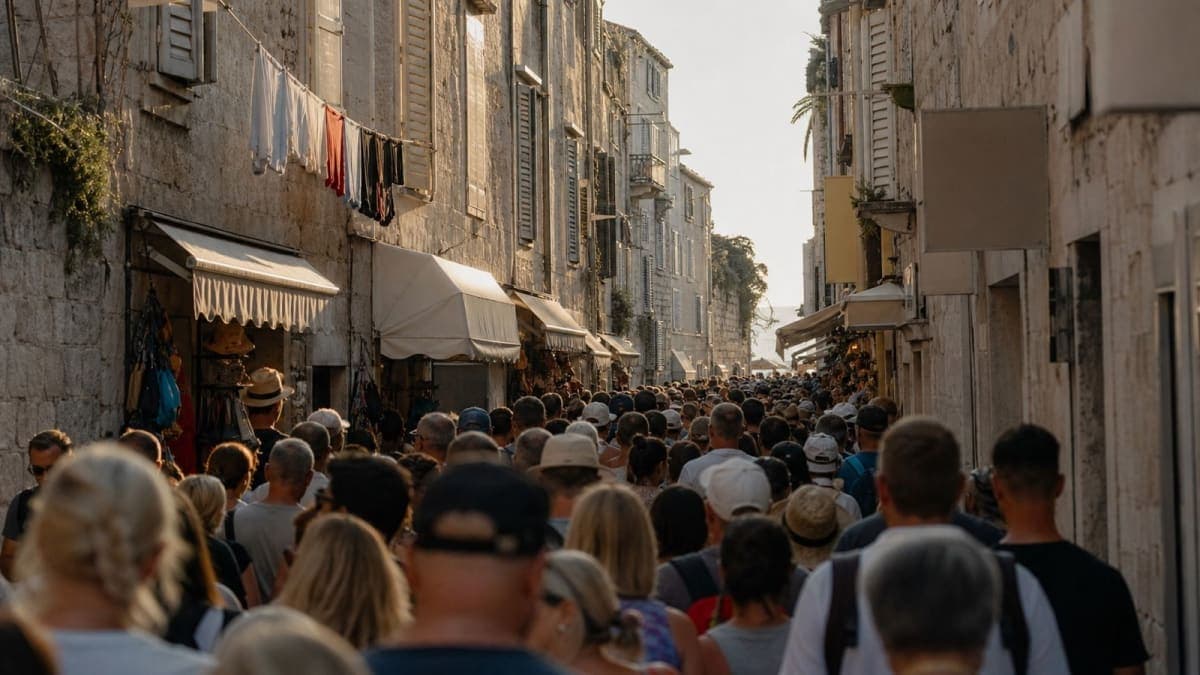 A narrow Mediterranean old-town street filled wall to wall with a slow-moving crowd of summer tourists in late afternoon light