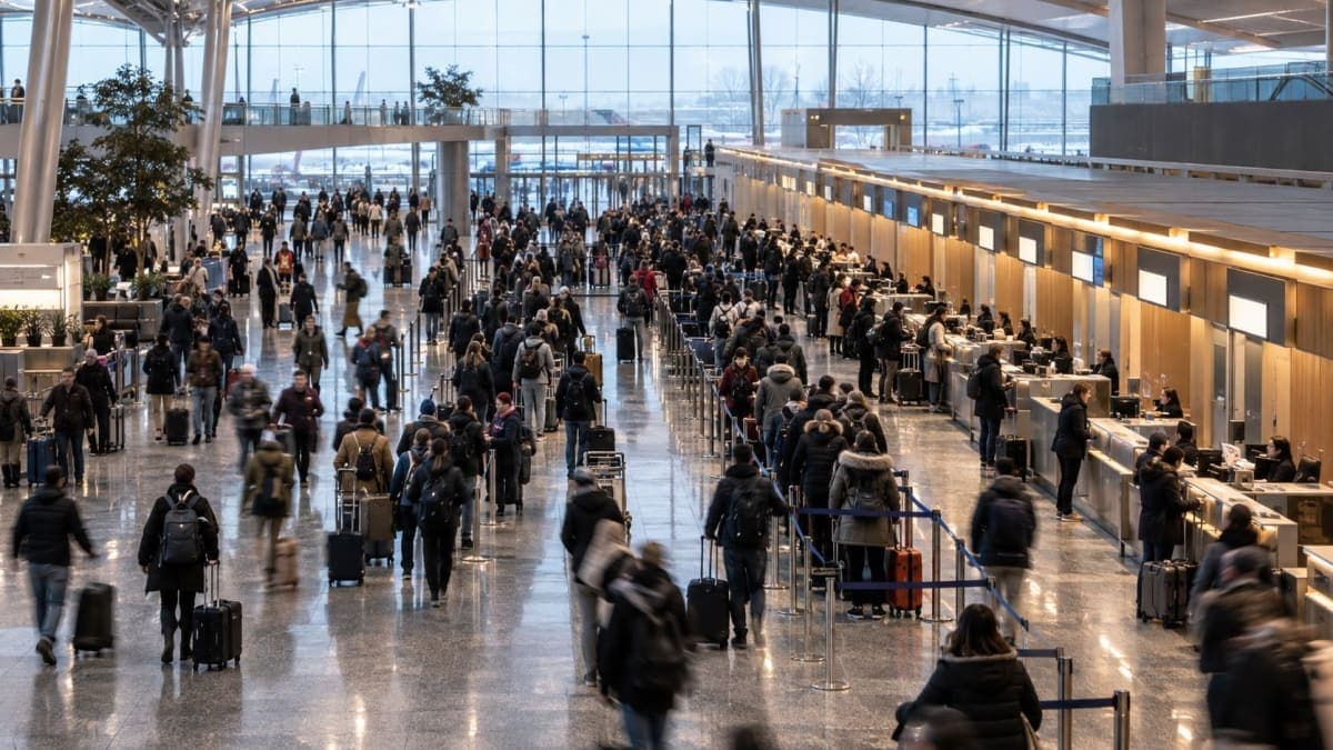 A busy airport check-in hall in winter with travellers and luggage trolleys