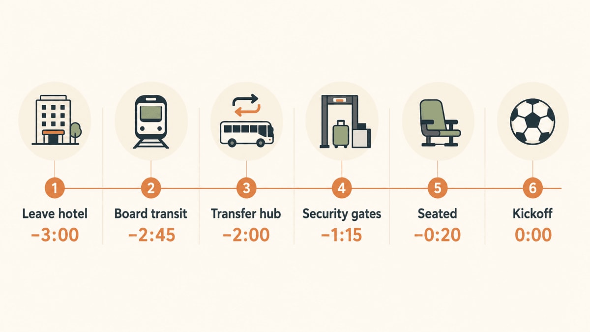 World Cup 2026 match-day arrival timeline from leaving the hotel to kickoff at a transit-only stadium