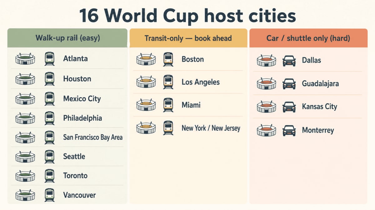 World Cup 2026 stadium transit grid: walk-up rail, transit-only and car-only host cities compared