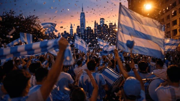 Argentina fans in sky blue and white celebrating in the streets at dusk ahead of the 2026 World Cup final in New York