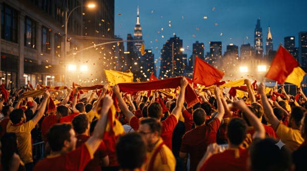 Spain fans in red and yellow celebrating in the streets at dusk ahead of the 2026 World Cup final in New York