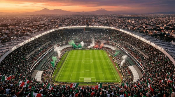 FIFA World Cup 2026 Mexico — Estadio Azteca with Mexico City skyline and volcanoes at sunset