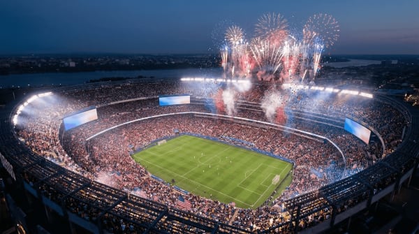 FIFA World Cup 2026 USA — packed soccer stadium with American flags and fireworks