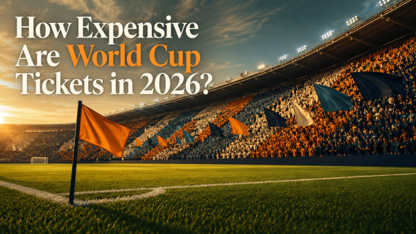Packed World Cup 2026 stadium at golden hour with green pitch, corner flag, and a tifo-filled virage end stand