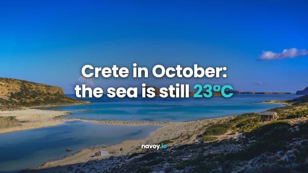 Balos Lagoon in Crete with turquoise water under a clear sky, with the line Crete in October: the sea is still 23°C