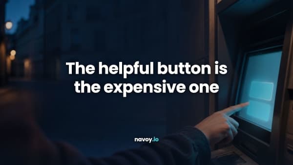 A traveller's finger about to press one of two glowing buttons on a European ATM at dusk, with the line The helpful button is the expensive one