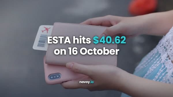 Hands holding a passport with a boarding pass and a phone, with the line ESTA hits $40.62 on 16 October