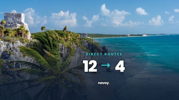 Tulum's clifftop Mayan ruins above the Caribbean, where direct international air routes fell from 12 to 4 by 2026